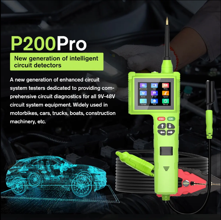 2023 Smart Hook P200 Pro Circuit Tester - 9-48V Intelligent Diagnostic Tool with LCD, Oscilloscope, Injector Testing