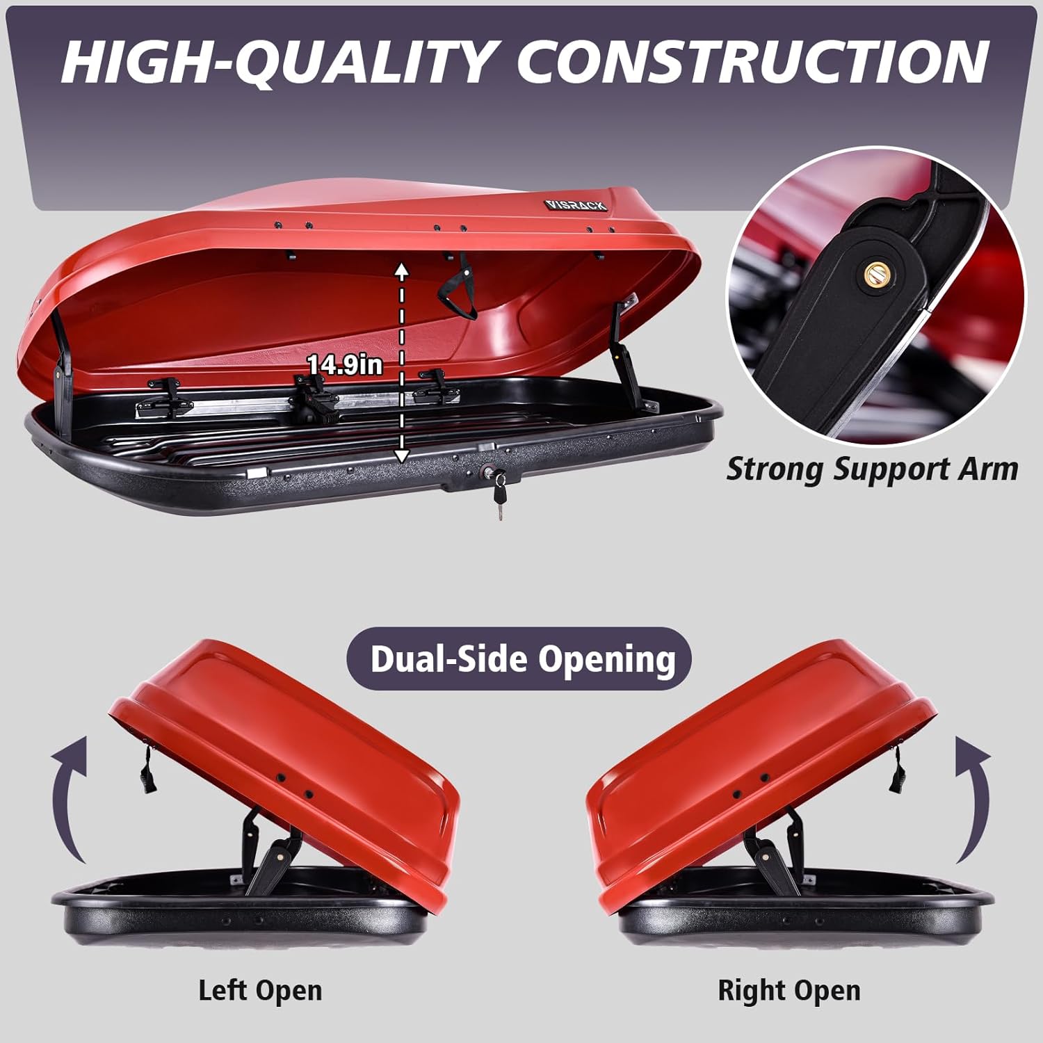 16 Cu. Ft. Red ABS+PC Roof Cargo Box with Dual-Sided Opening, 130 lbs Capacity, Aerodynamic Design for Vehicles with Racks