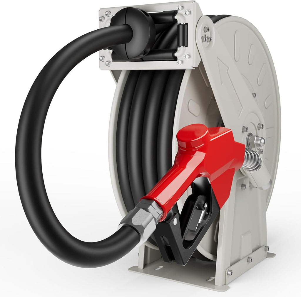 3/4" x 50ft Gray Fuel Hose Reel, 300 PSI Retractable Diesel Transfer Hose with Durable Brass Nozzle, Auto-Rewind, Compatible with 12V Pump & Tank for Boats, Trucks, and Trailers