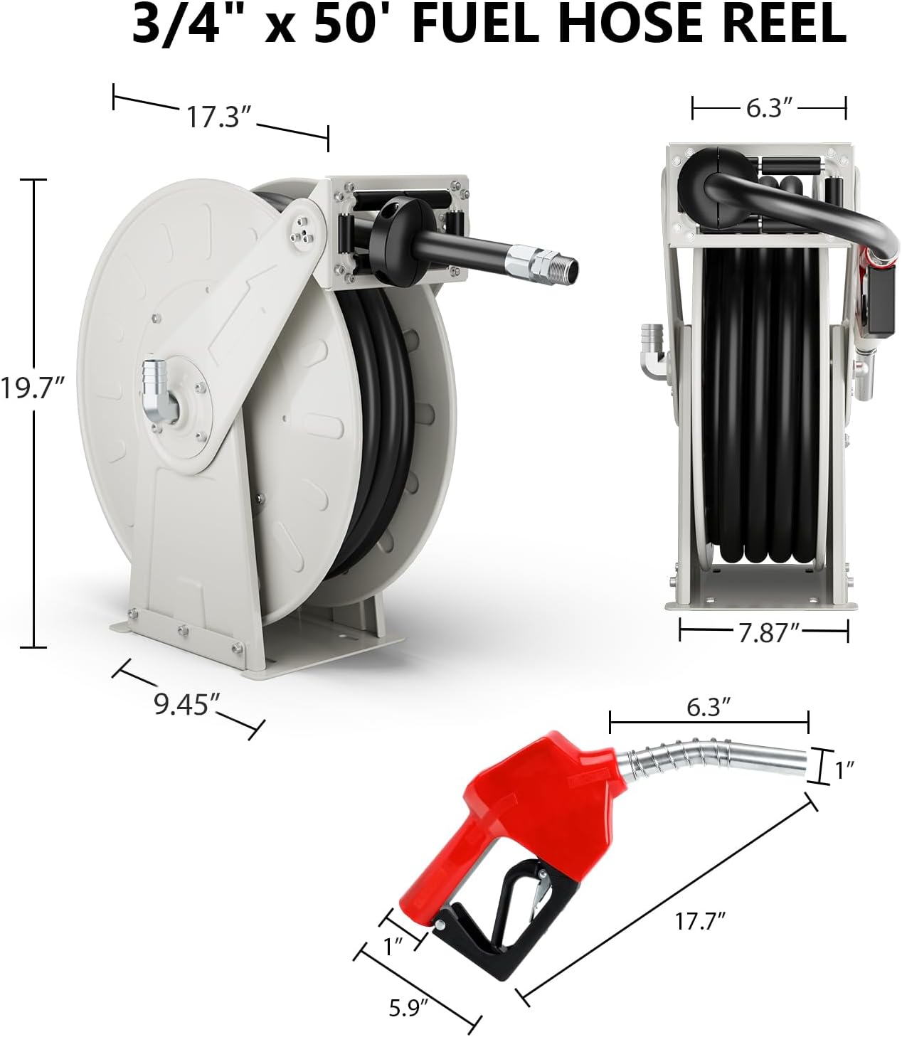 3/4" x 50ft Gray Fuel Hose Reel, 300 PSI Retractable Diesel Transfer Hose with Durable Brass Nozzle, Auto-Rewind, Compatible with 12V Pump & Tank for Boats, Trucks, and Trailers