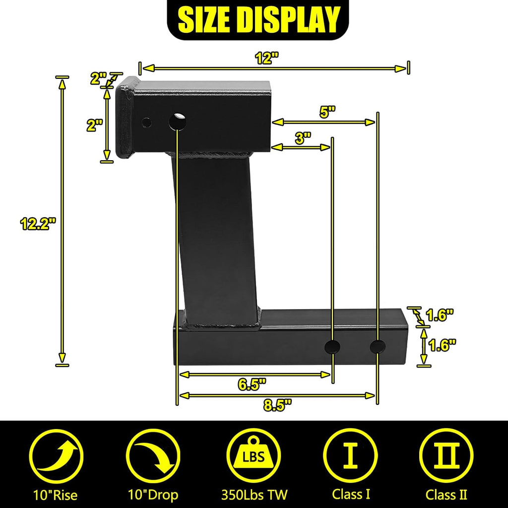10" Drop/Rise Trailer Hitch Extender, 8"/10" Adjustable Length, 2" Shank, 7500lbs Capacity, Matte Black