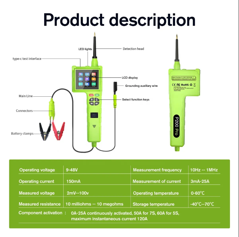 2023 Smart Hook P200 Pro Circuit Tester - 9-48V Intelligent Diagnostic Tool with LCD, Oscilloscope, Injector Testing