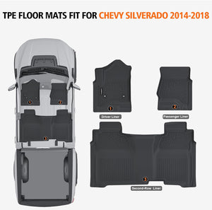 All-Weather TPE Floor Mats for 2014-2018 Chevy Silverado/GMC Sierra 1500, 2015-2019 2500 HD/3500 HD Crew Cab, Anti-Slip Full Set Liners