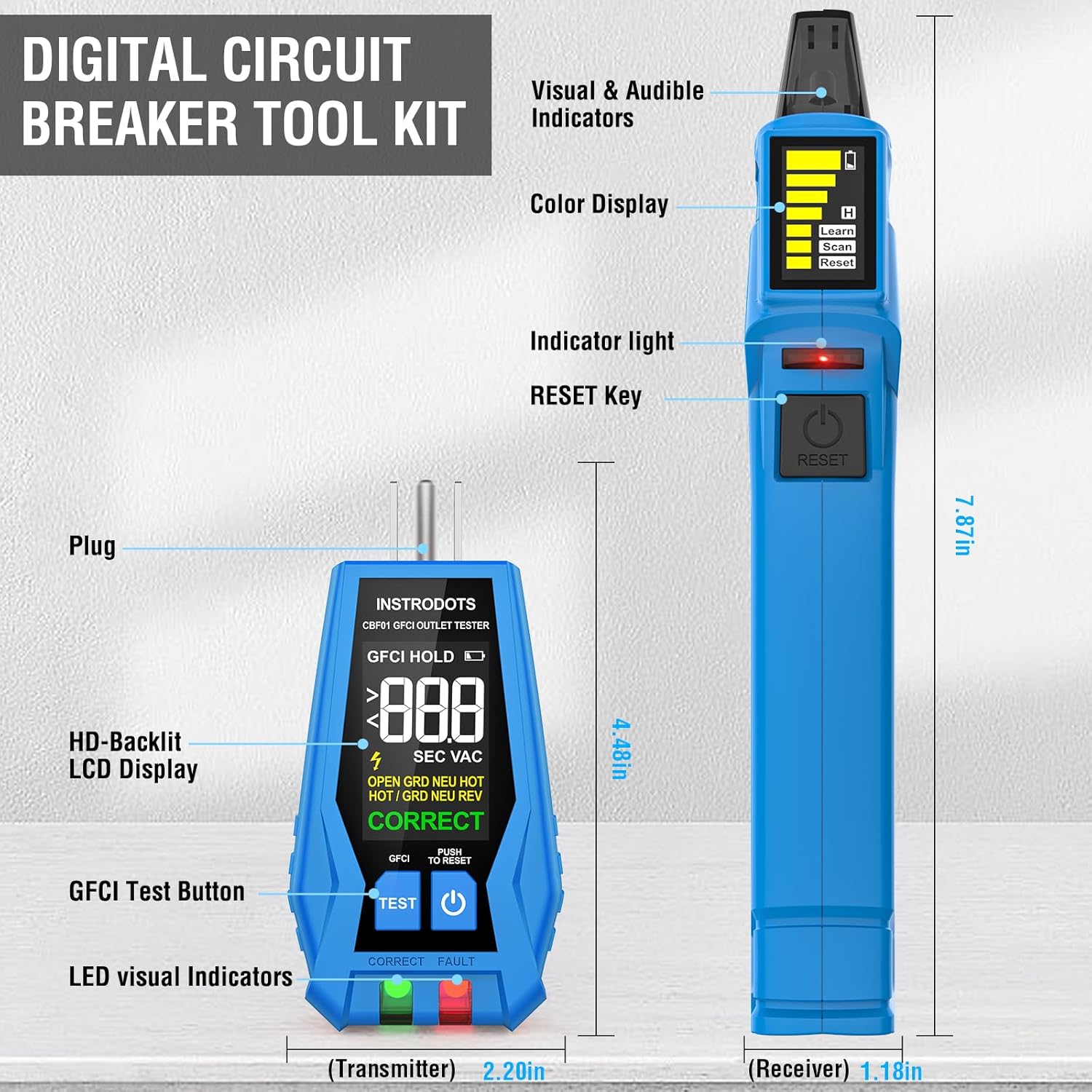 INSTRODOTS CBF01 Digital Circuit Breaker Finder with GFCI Outlet Tester, 90-120V AC, Buzzer Alarm, Color Display, and Accessories (Blue)