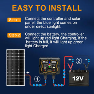 100W Solar Battery Charger Kit, 12V Waterproof Monocrystalline Panel with 10A MPPT Controller, Adjustable Mount & Alligator Clips for RV, Boat, Motorcycle Trickle Charging