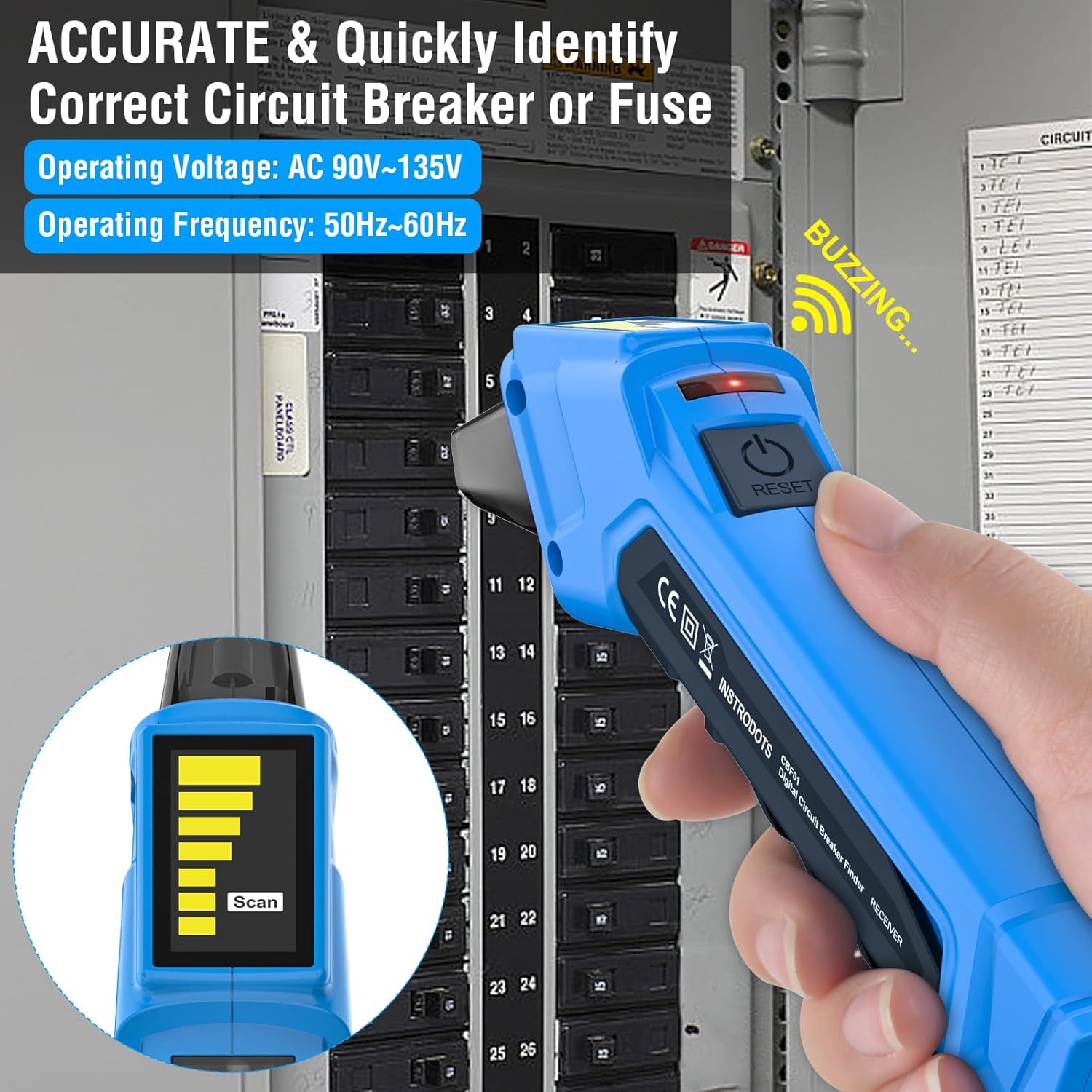 INSTRODOTS CBF01 Digital Circuit Breaker Finder with GFCI Outlet Tester, 90-120V AC, Buzzer Alarm, Color Display, and Accessories (Blue)