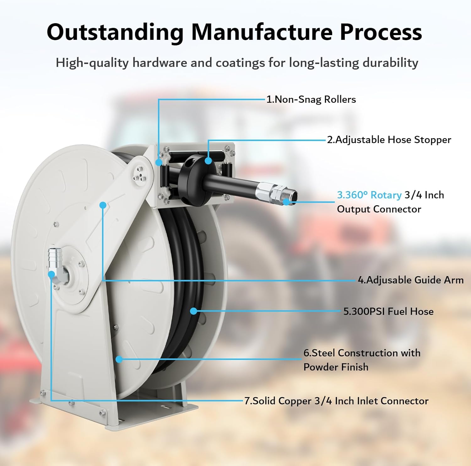 3/4" x 50ft Gray Fuel Hose Reel, 300 PSI Retractable Diesel Transfer Hose with Durable Brass Nozzle, Auto-Rewind, Compatible with 12V Pump & Tank for Boats, Trucks, and Trailers