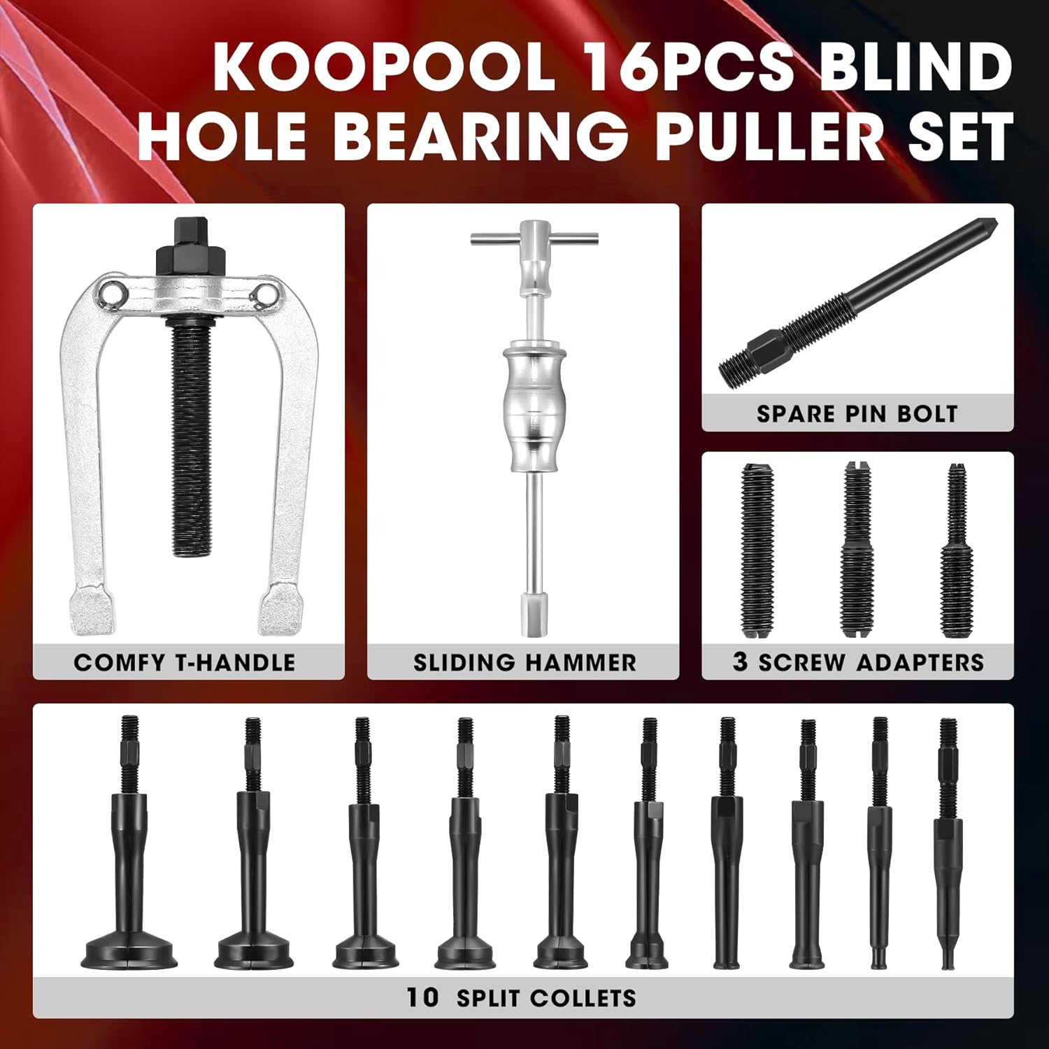 16-Piece Blind Hole Bearing & Seal Puller Kit with Slide Hammer and Collets for 1/4" to 2-1/3" Inner Diameters