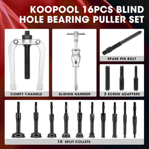 16-Piece Blind Hole Bearing & Seal Puller Kit with Slide Hammer and Collets for 1/4" to 2-1/3" Inner Diameters