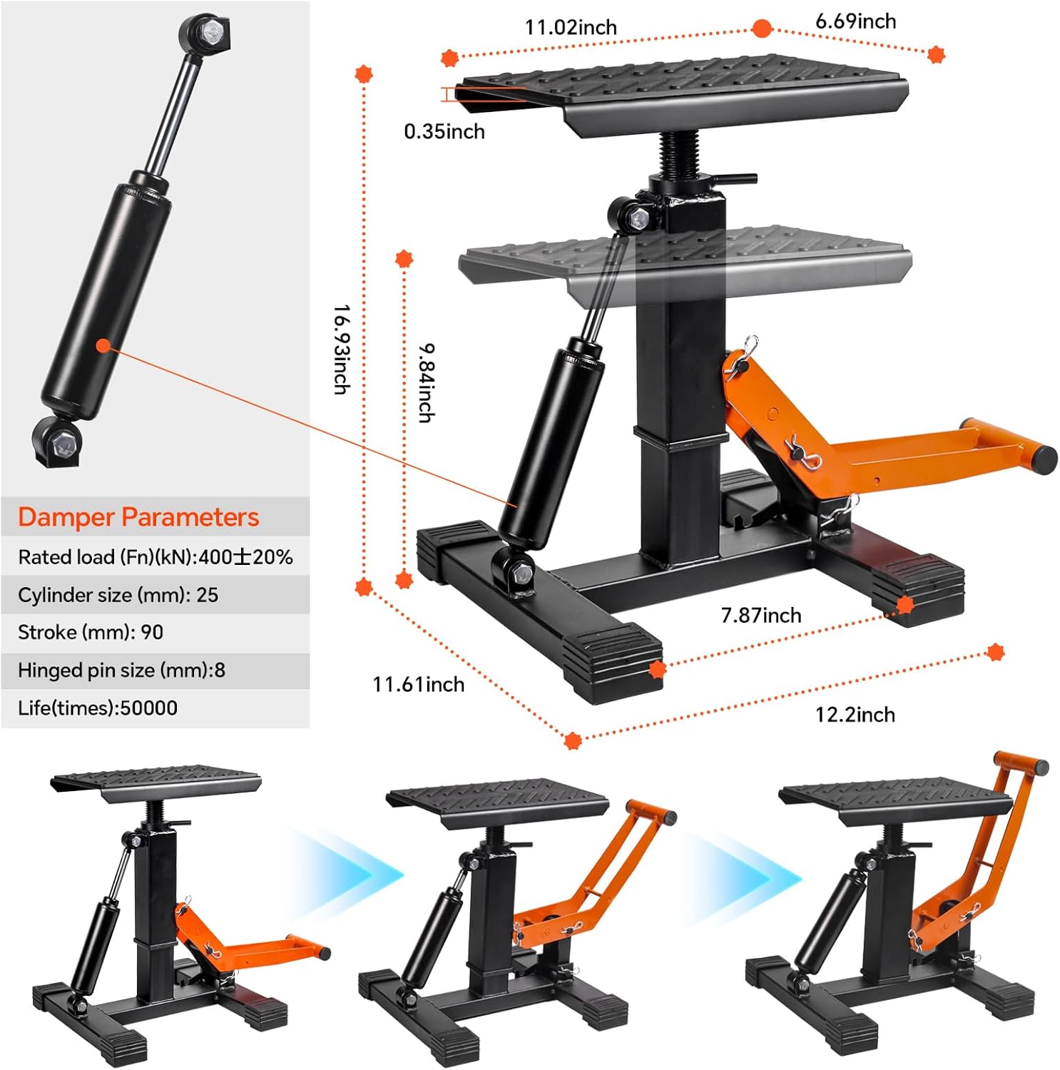 Adjustable 1000LBS Dirt Bike & Powersport Hydraulic Lift Stand, Heavy Duty Motorcycle Center Jack with Anti-Slip Rubber Pad, Orange