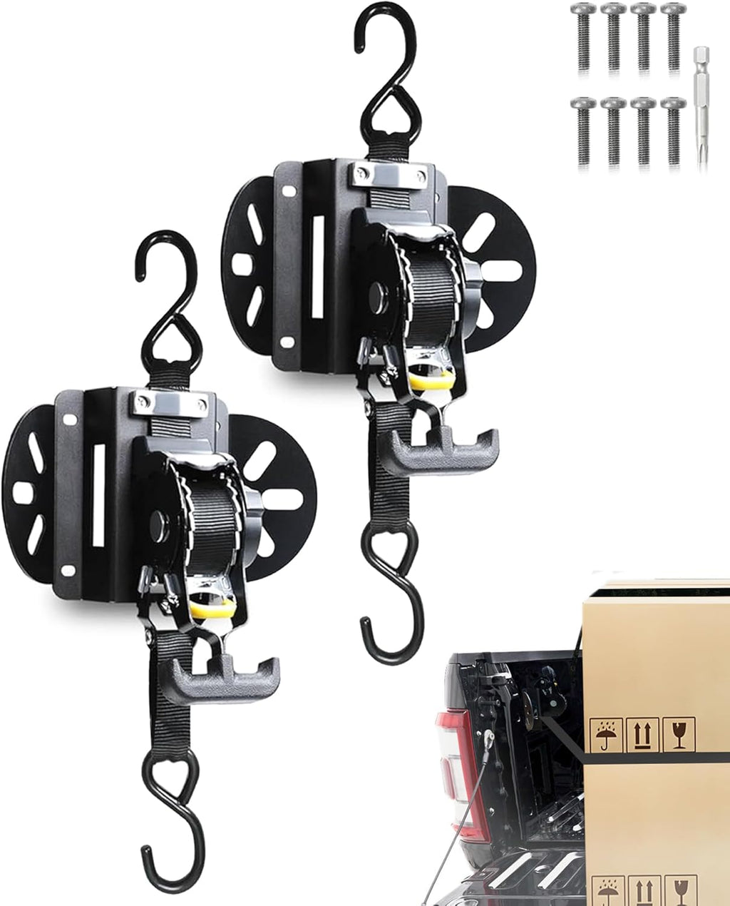 2-Pack Retractable Truck Bed Ratchet Straps for 2015-2025 Ford F-150, F-250, F-350, F-450 – Auto-Retract Tie Down System with Polyester Straps and Alloy Steel Fasteners