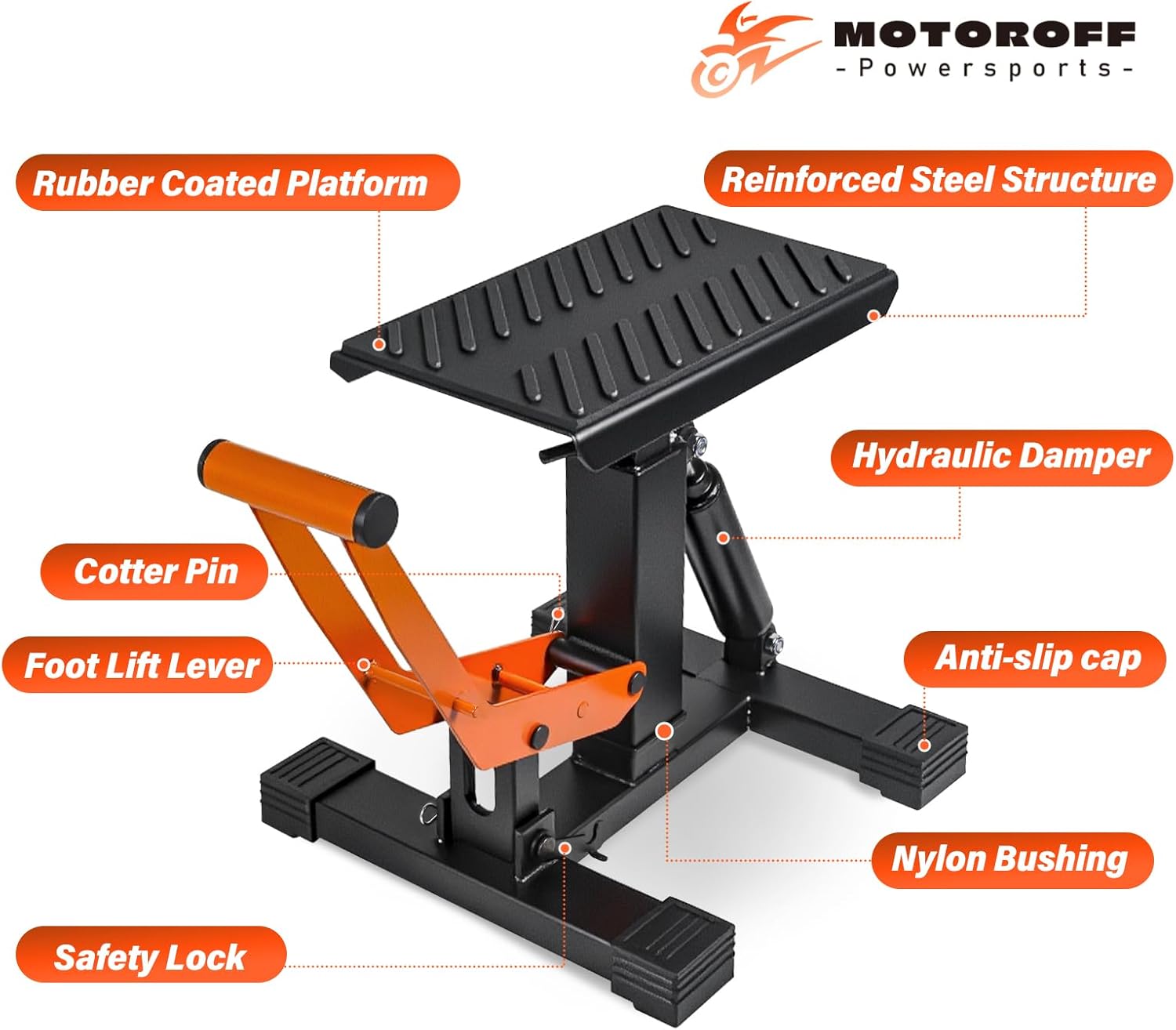 Adjustable 1000LBS Dirt Bike & Powersport Hydraulic Lift Stand, Heavy Duty Motorcycle Center Jack with Anti-Slip Rubber Pad, Orange