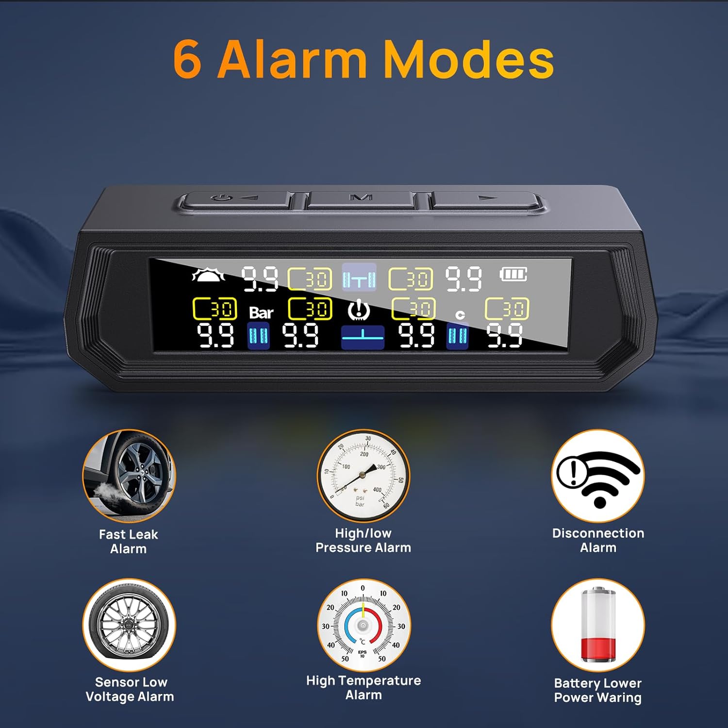 6-Sensor TPMS Tire Pressure Monitoring System with Solar & USB Charging, HD LCD Display, Real-Time 6-Mode Alarms, IP67 Waterproof, Universal Fit for Cars, SUVs, Trucks, and RVs