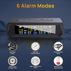 6-Sensor TPMS Tire Pressure Monitoring System with Solar & USB Charging, HD LCD Display, Real-Time 6-Mode Alarms, IP67 Waterproof, Universal Fit for Cars, SUVs, Trucks, and RVs