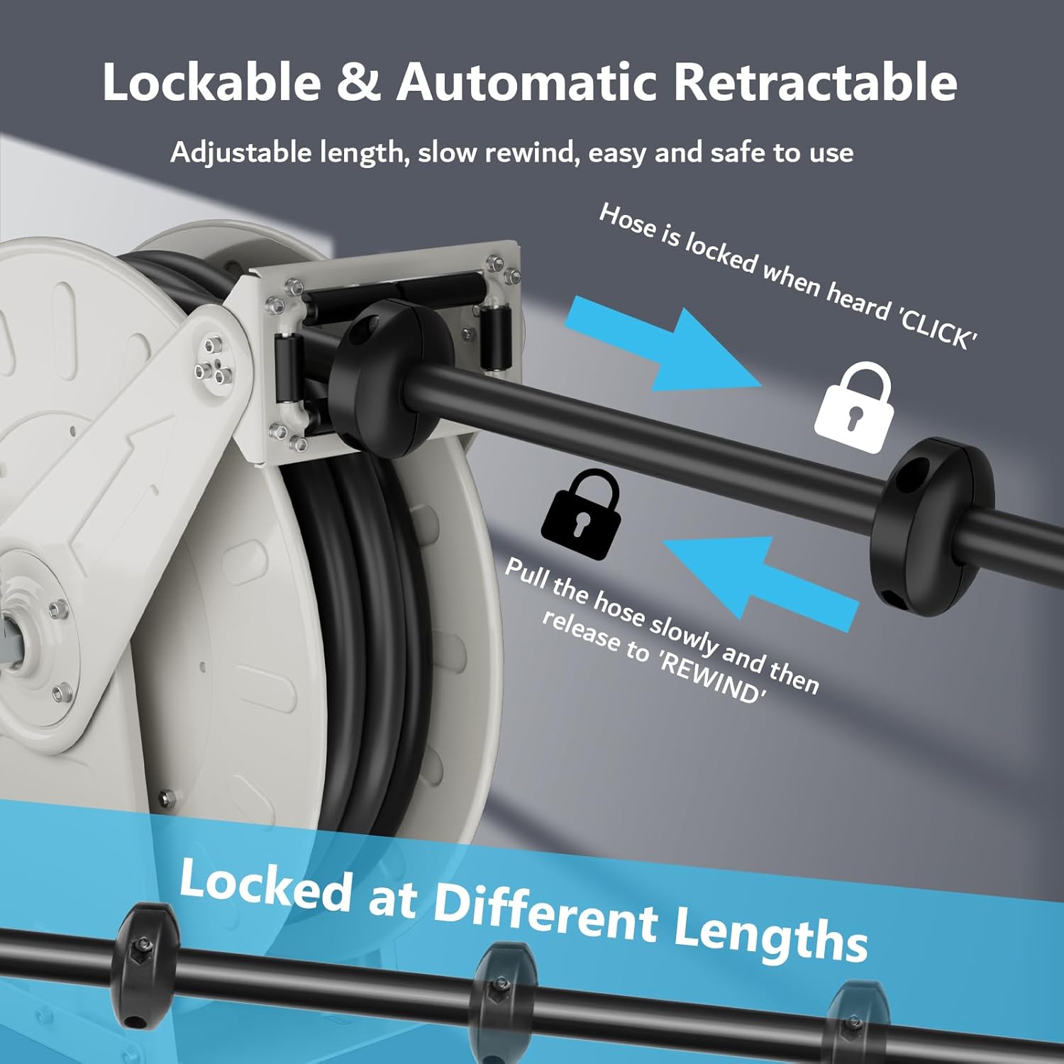 3/4" x 50ft Gray Fuel Hose Reel, 300 PSI Retractable Diesel Transfer Hose with Durable Brass Nozzle, Auto-Rewind, Compatible with 12V Pump & Tank for Boats, Trucks, and Trailers