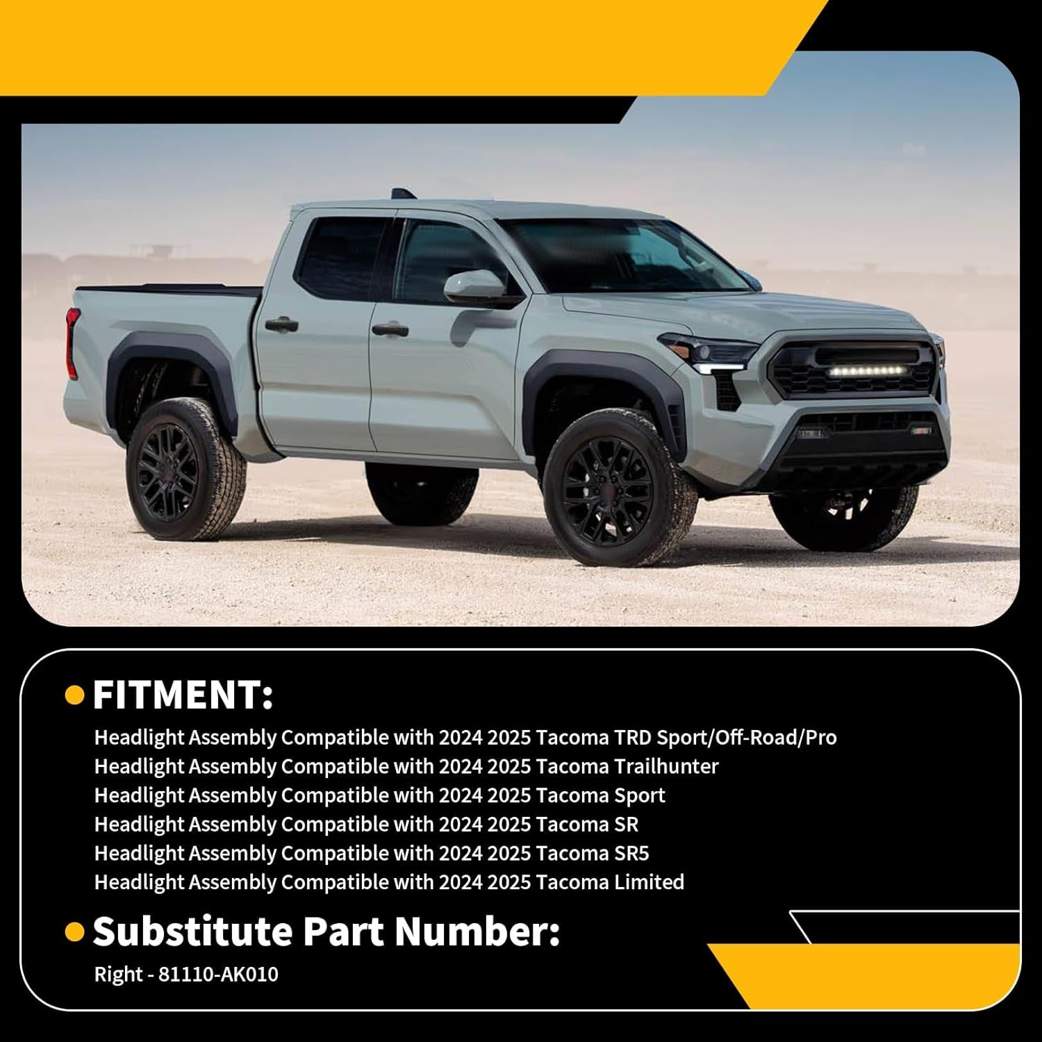 LED Passenger-Side Headlight Assembly for 2024-2025 Toyota Tacoma TRD Sport/Off-Road/Pro, Trailhunter, SR, SR5, Limited, Black Housing, Dustproof, Direct Replacement (81110-AK010)(Right)