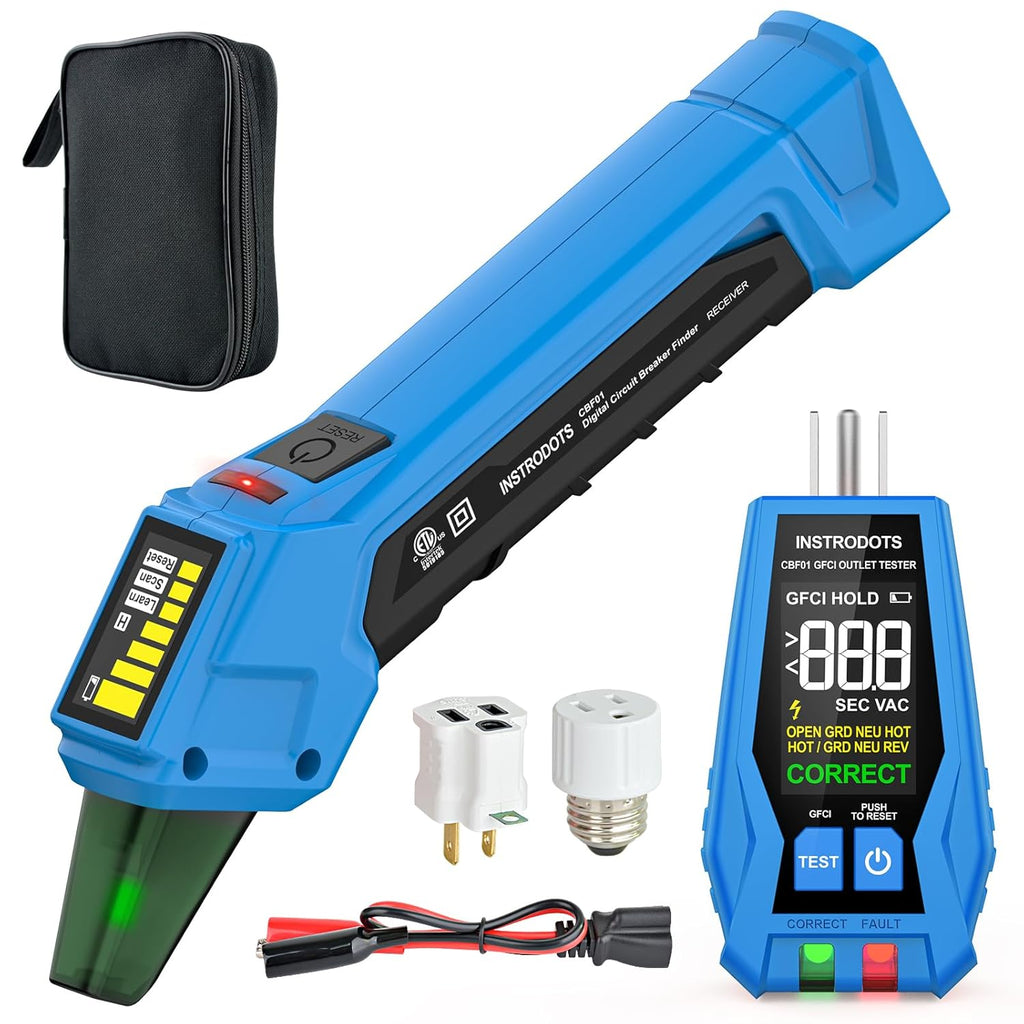 INSTRODOTS CBF01 Digital Circuit Breaker Finder with GFCI Outlet Tester, 90-120V AC, Buzzer Alarm, Color Display, and Accessories (Blue)