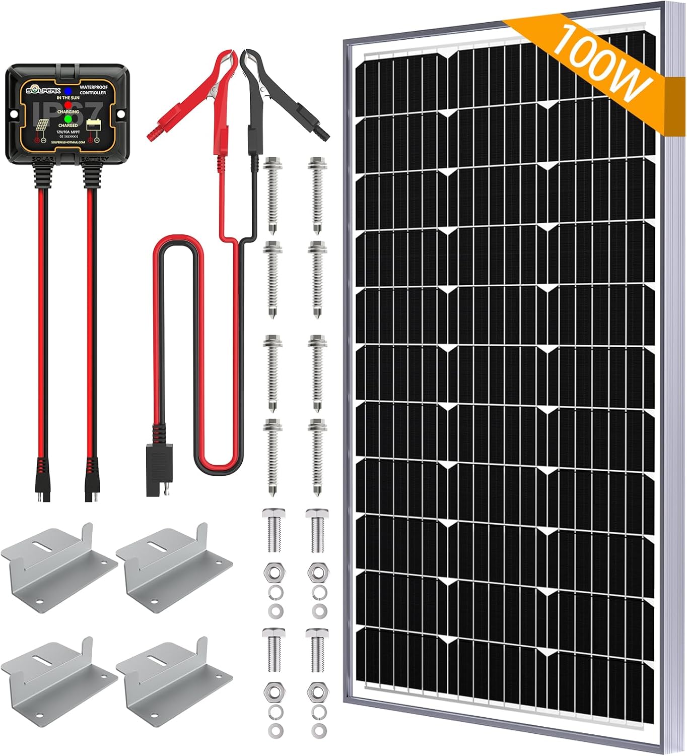 100W Solar Battery Charger Kit, 12V Waterproof Monocrystalline Panel with 10A MPPT Controller, Adjustable Mount & Alligator Clips for RV, Boat, Motorcycle Trickle Charging