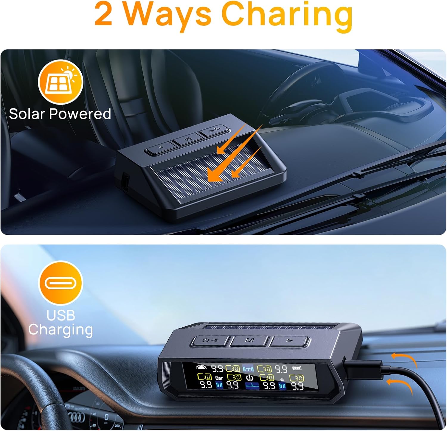 6-Sensor TPMS Tire Pressure Monitoring System with Solar & USB Charging, HD LCD Display, Real-Time 6-Mode Alarms, IP67 Waterproof, Universal Fit for Cars, SUVs, Trucks, and RVs