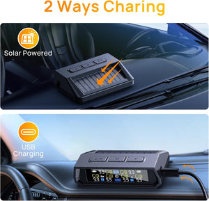 6-Sensor TPMS Tire Pressure Monitoring System with Solar & USB Charging, HD LCD Display, Real-Time 6-Mode Alarms, IP67 Waterproof, Universal Fit for Cars, SUVs, Trucks, and RVs