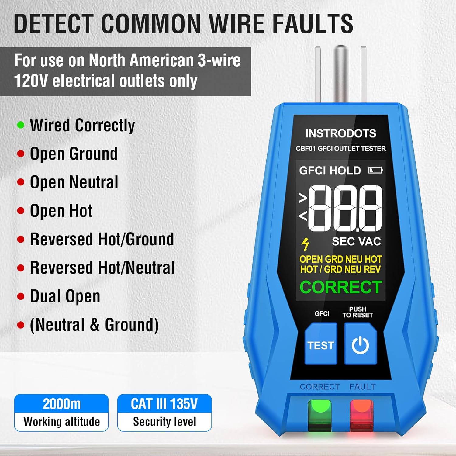 INSTRODOTS CBF01 Digital Circuit Breaker Finder with GFCI Outlet Tester, 90-120V AC, Buzzer Alarm, Color Display, and Accessories (Blue)