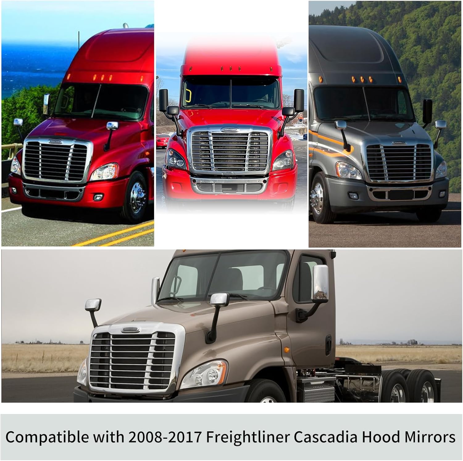 Chrome Pair Freightliner Cascadia Hood Mirrors for 2008-2017 Models, Universal Fit, High-Quality ABS, Convex Lens, Complete Set with Mounting Hardware