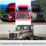 Chrome Pair Freightliner Cascadia Hood Mirrors for 2008-2017 Models, Universal Fit, High-Quality ABS, Convex Lens, Complete Set with Mounting Hardware