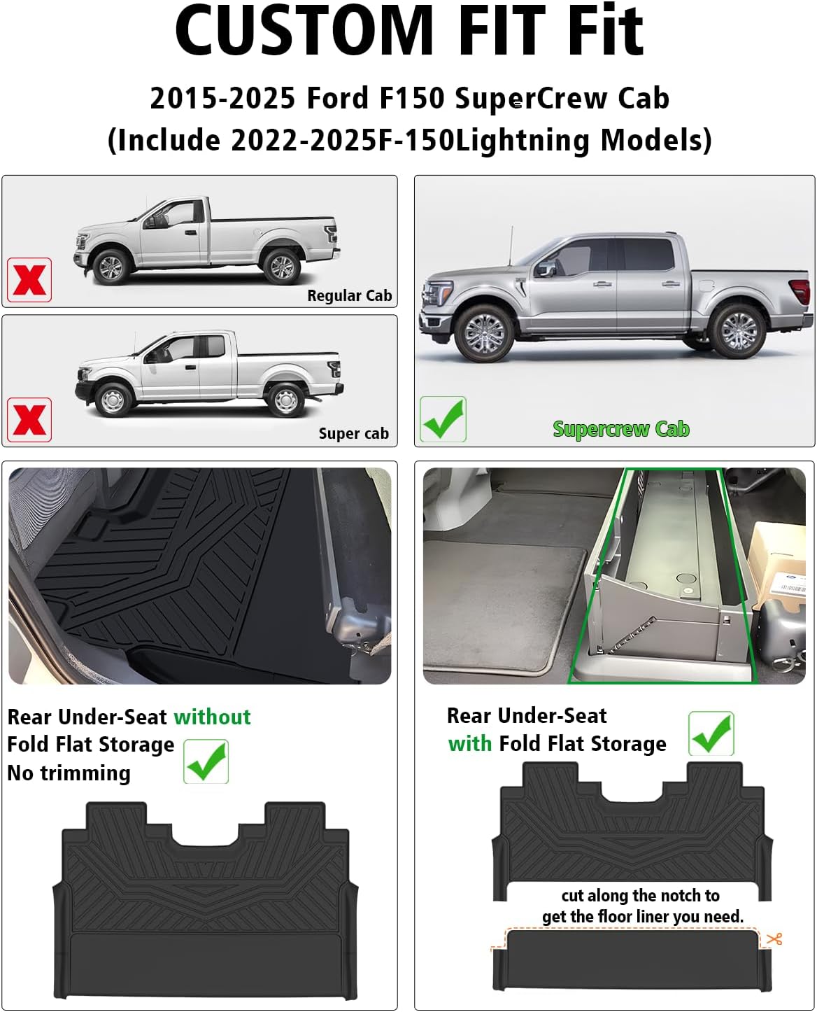 All-Weather TPE Floor Mats for 2015-2025 Ford F-150 SuperCrew Cab (Incl. 22-24 Lightning), Anti-Slip Full Set Liners