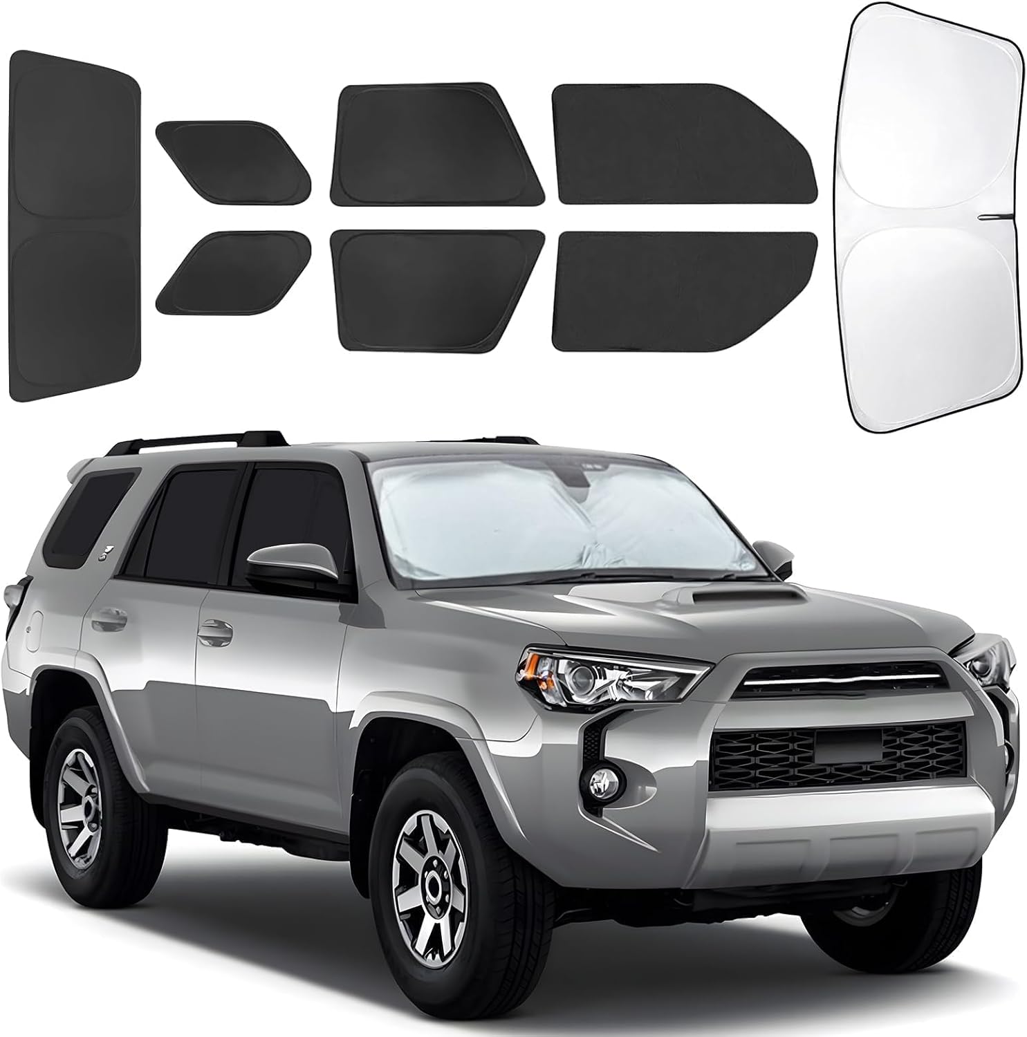 8-Piece Custom-Fit Window Shade Set for Toyota 4Runner 2010-2025, 420D Reflective Polyester, UV-Blocking, Privacy Sun Shades with Windshield and Steering Wheel Covers, Easy Install, Compact Storage