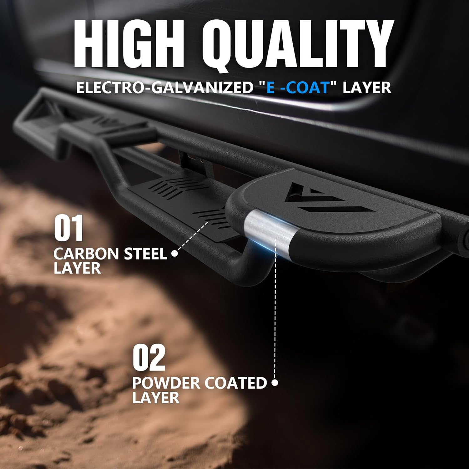 Heavy-Duty Carbon Steel Running Boards with Dual Raised Steps for 2024-2025 Toyota Tacoma Double Cab/Crew Cab, Powder-Coated, Bolt-On Nerf Bars, 550 lbs Capacity