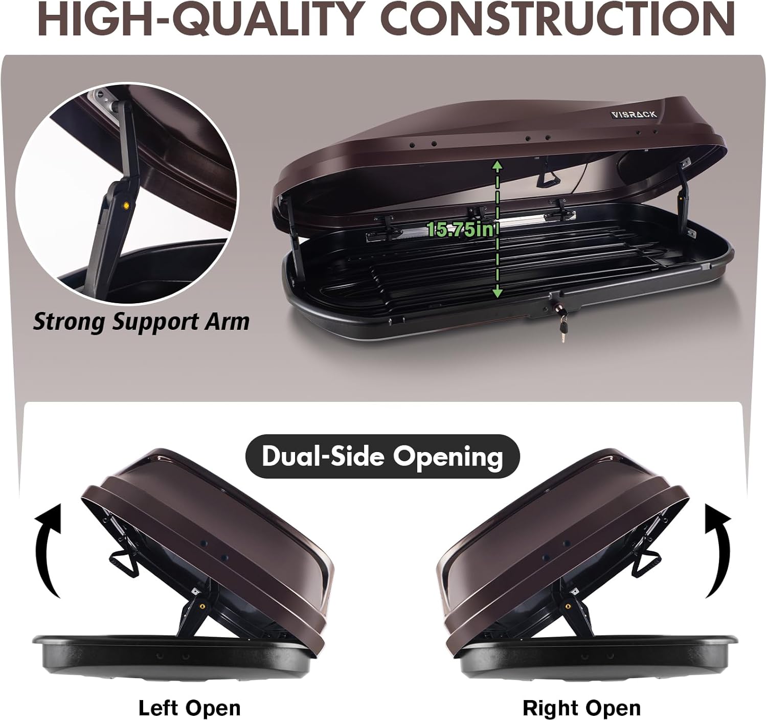 16 Cu. Ft. Brown Waterproof Hard Shell Rooftop Cargo Box with Dual-Sided Access, Security Lock, Tool-Free Install, 130 lbs Capacity for Vehicles with Racks