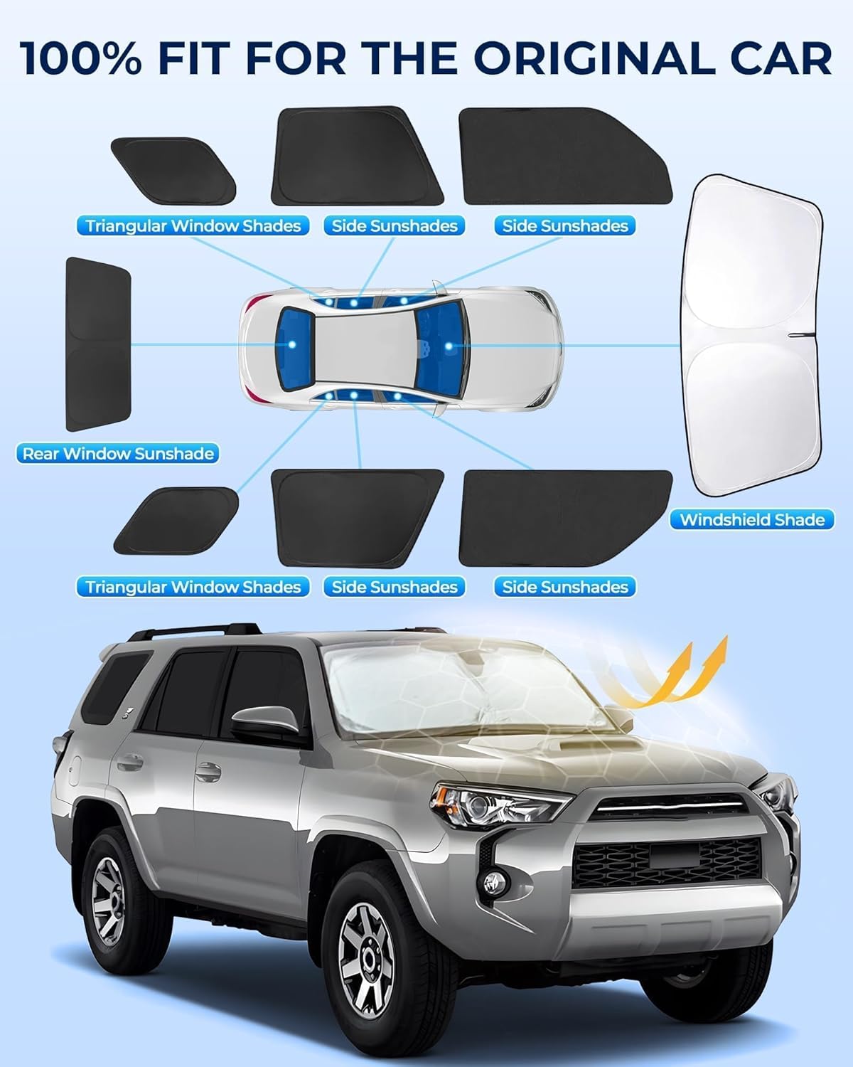 8-Piece Custom-Fit Window Shade Set for Toyota 4Runner 2010-2025, 420D Reflective Polyester, UV-Blocking, Privacy Sun Shades with Windshield and Steering Wheel Covers, Easy Install, Compact Storage