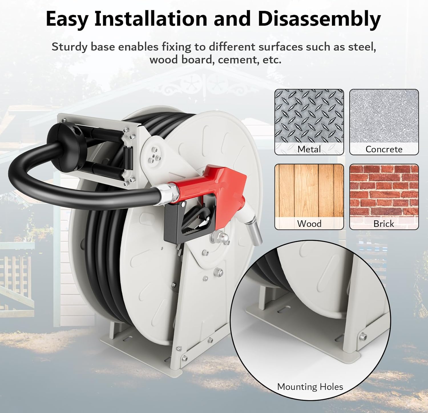 3/4" x 50ft Gray Fuel Hose Reel, 300 PSI Retractable Diesel Transfer Hose with Durable Brass Nozzle, Auto-Rewind, Compatible with 12V Pump & Tank for Boats, Trucks, and Trailers