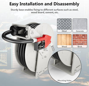 3/4" x 50ft Gray Fuel Hose Reel, 300 PSI Retractable Diesel Transfer Hose with Durable Brass Nozzle, Auto-Rewind, Compatible with 12V Pump & Tank for Boats, Trucks, and Trailers