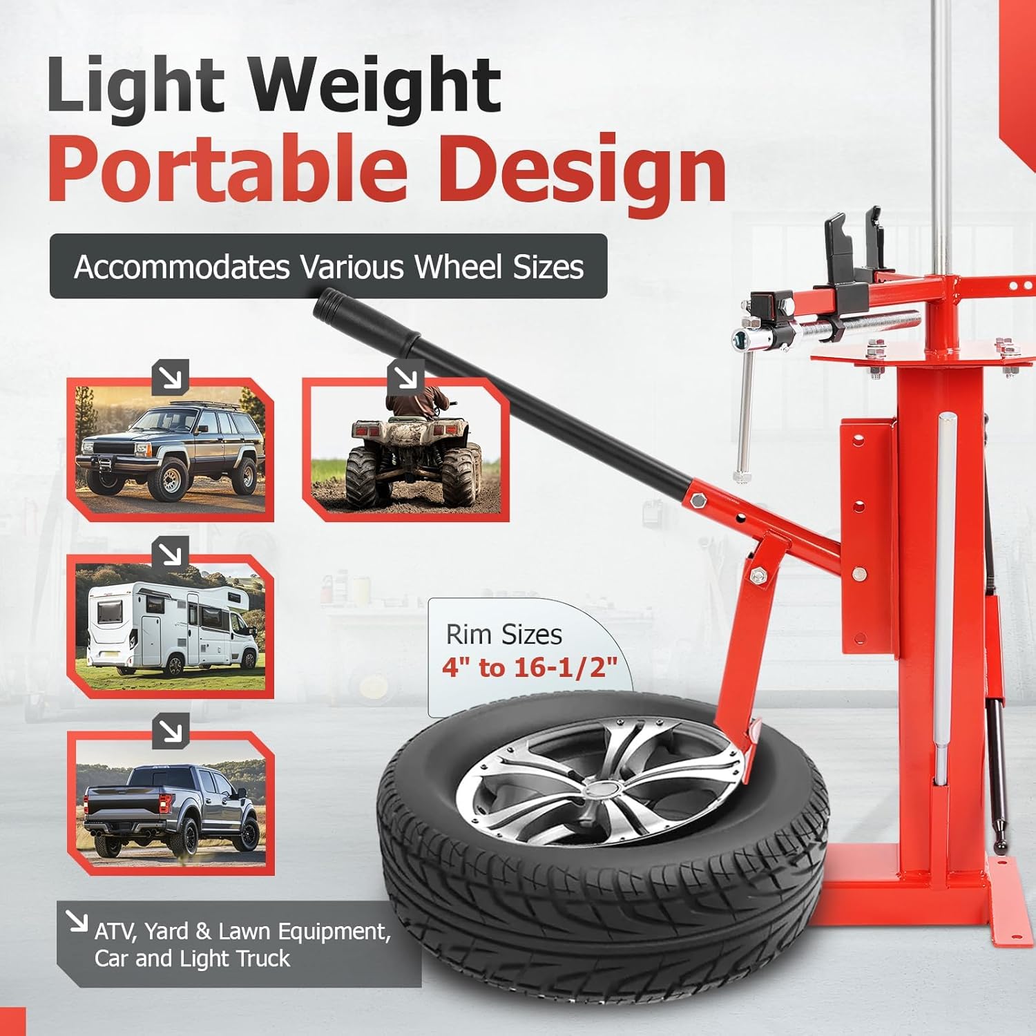 Portable Manual Tire Changer for 4" to 16.5" Tires, Adjustable Steel Bead Breaker for Motorcycles, Go-Karts, ATVs, Trailers, and Light Trucks, Lever-Action, Easy Assembly