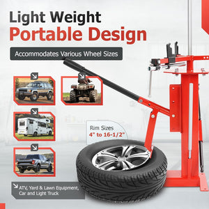 Portable Manual Tire Changer for 4" to 16.5" Tires, Adjustable Steel Bead Breaker for Motorcycles, Go-Karts, ATVs, Trailers, and Light Trucks, Lever-Action, Easy Assembly