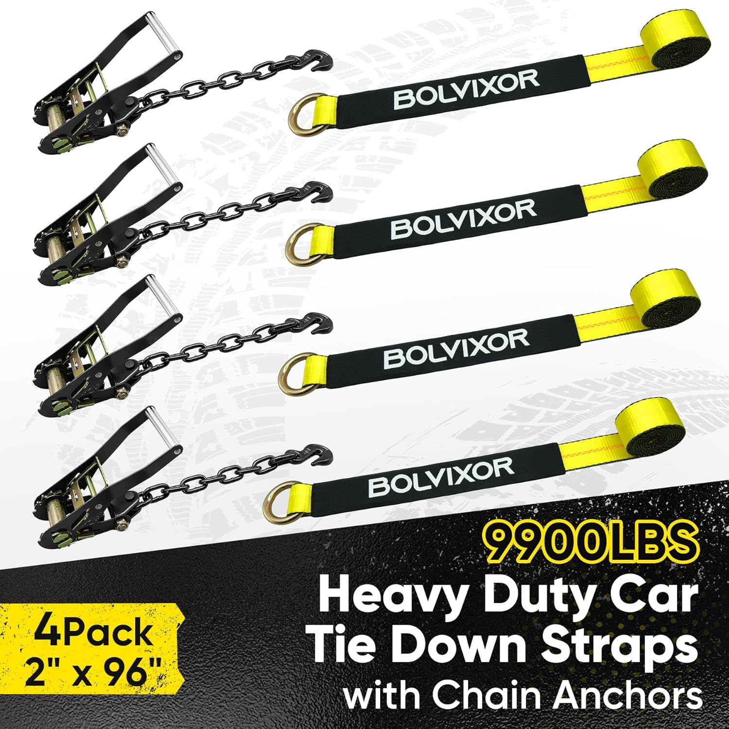 4-Pack 2" x 96" Car Tie Down Straps, 9900LBS Break Strength, Heavy Duty Ratchet Straps with Chain Anchors for UTV, SUV, Truck, Yellow