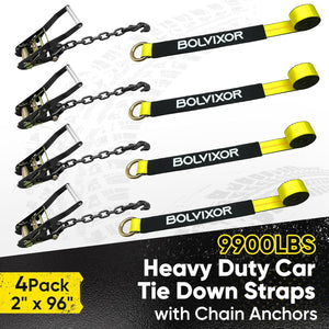 4-Pack 2" x 96" Car Tie Down Straps, 9900LBS Break Strength, Heavy Duty Ratchet Straps with Chain Anchors for UTV, SUV, Truck, Yellow