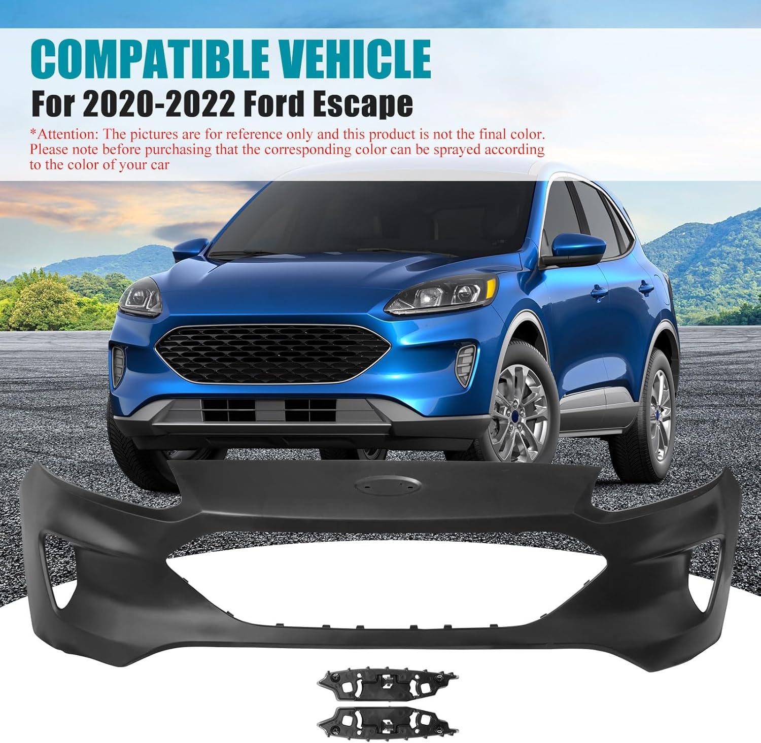 Front Bumper Cover for 2020-2022 Ford Escape, Black Plastic with Fog Light Holes, OEM Replacement (FO1014142, LJ6Z17D957AAPTM), Easy Install
