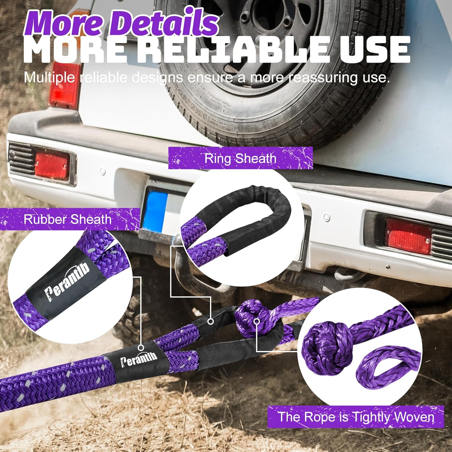 Heavy-Duty Synthetic Fiber Kinetic Recovery Rope Kit with Reflective Tape and Protective Sleeves for ATV, SUV, UTV, and Truck