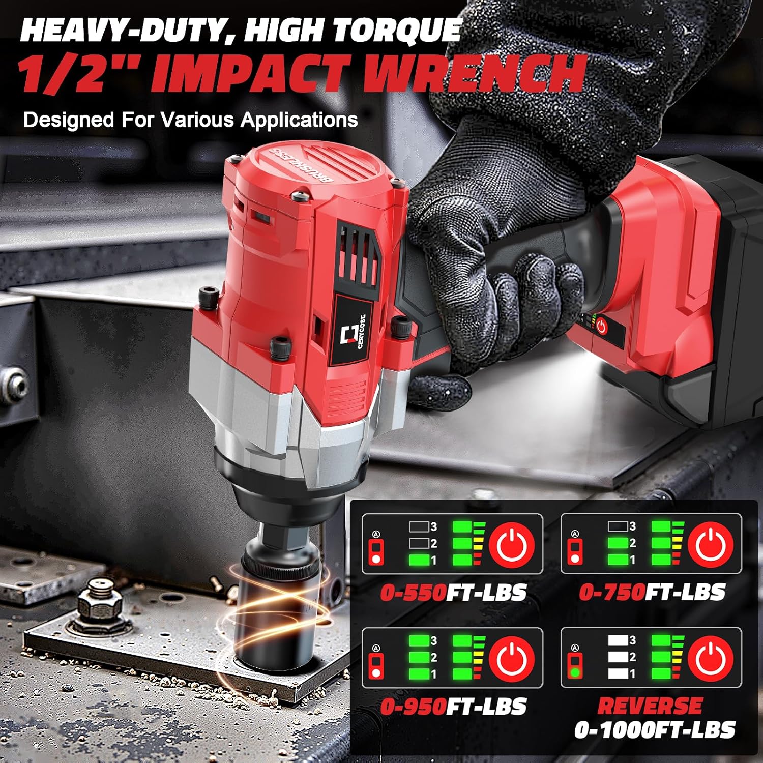 Cordless 1/2" Impact Wrench for Milwaukee 18V Battery, 1000 Ft-lbs High Torque, Brushless, LED Light, Ergonomic Design (Bare Tool)