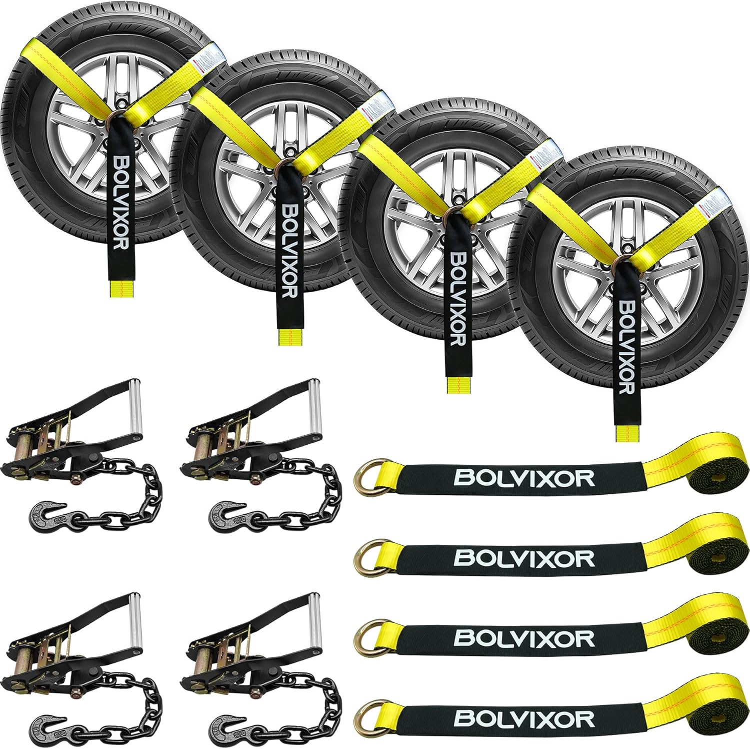 4-Pack 2" x 96" Car Tie Down Straps, 9900LBS Break Strength, Heavy Duty Ratchet Straps with Chain Anchors for UTV, SUV, Truck, Yellow