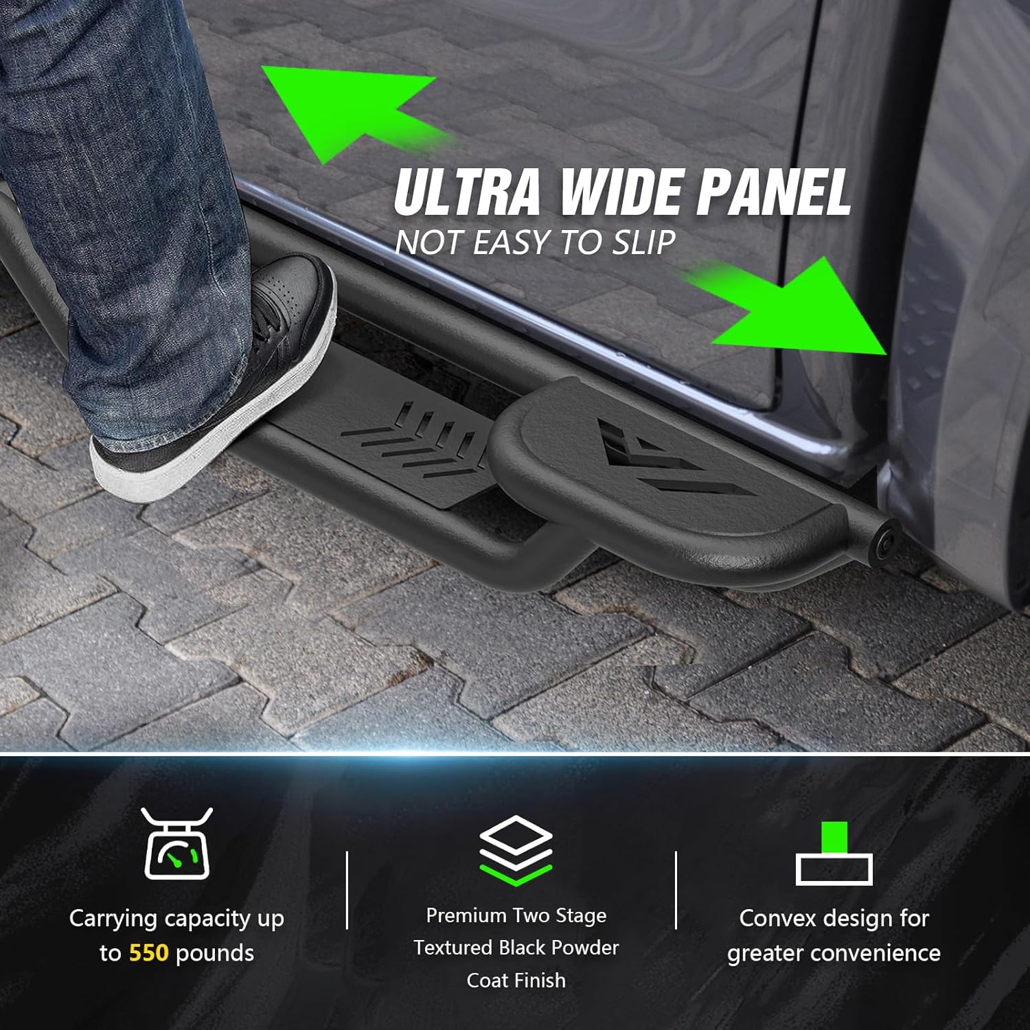 Heavy-Duty Carbon Steel Running Boards with Dual Raised Steps for 2024-2025 Toyota Tacoma Double Cab/Crew Cab, Powder-Coated, Bolt-On Nerf Bars, 550 lbs Capacity