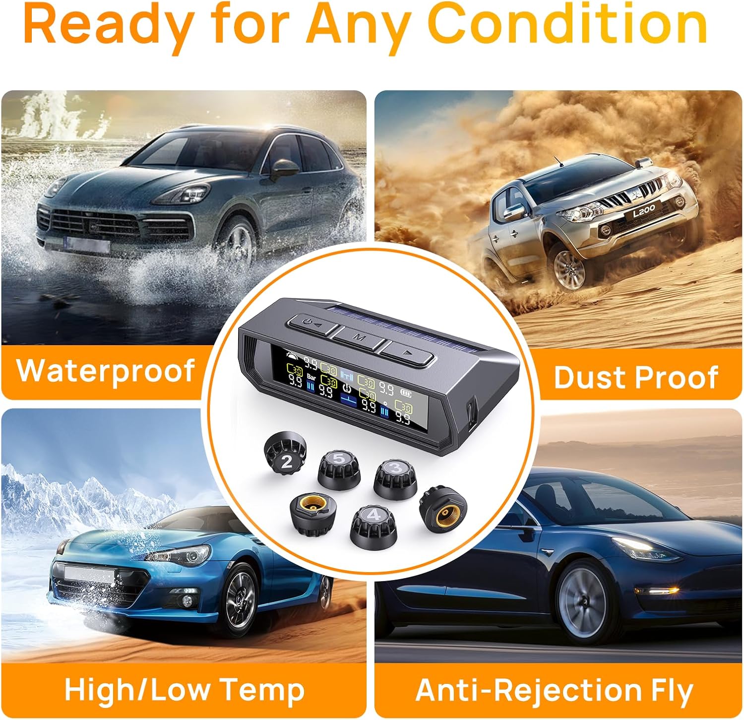 6-Sensor TPMS Tire Pressure Monitoring System with Solar & USB Charging, HD LCD Display, Real-Time 6-Mode Alarms, IP67 Waterproof, Universal Fit for Cars, SUVs, Trucks, and RVs