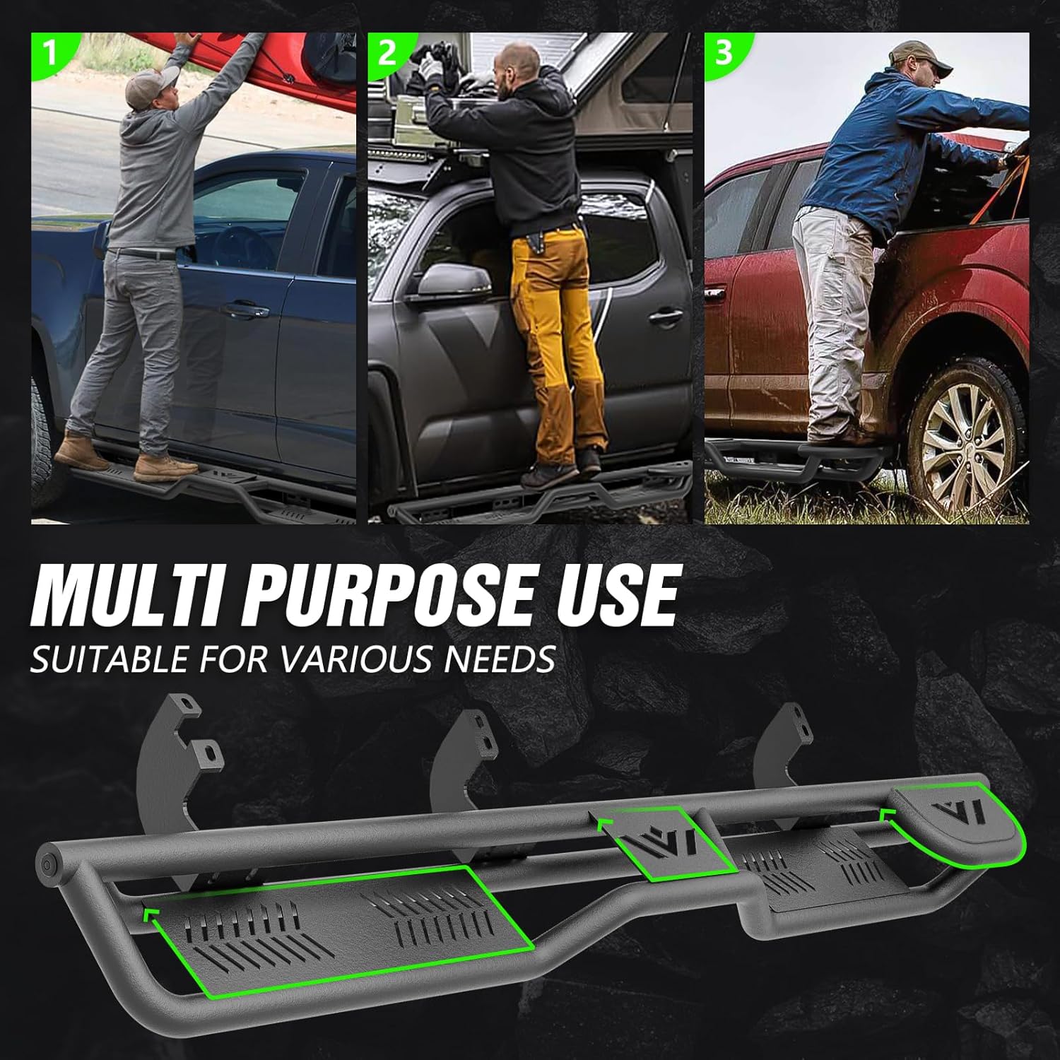 Heavy-Duty Carbon Steel Running Boards with Dual Raised Steps for 2024-2025 Toyota Tacoma Double Cab/Crew Cab, Powder-Coated, Bolt-On Nerf Bars, 550 lbs Capacity