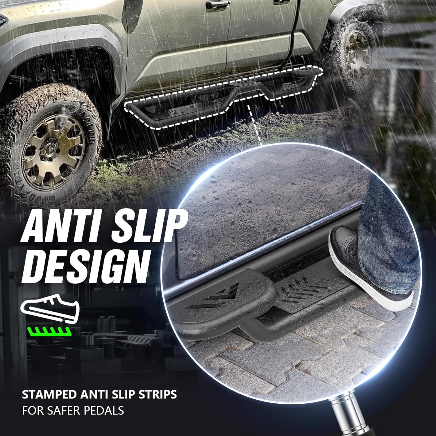 Heavy-Duty Carbon Steel Running Boards with Dual Raised Steps for 2024-2025 Toyota Tacoma Double Cab/Crew Cab, Powder-Coated, Bolt-On Nerf Bars, 550 lbs Capacity