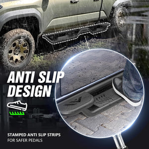 Heavy-Duty Carbon Steel Running Boards with Dual Raised Steps for 2024-2025 Toyota Tacoma Double Cab/Crew Cab, Powder-Coated, Bolt-On Nerf Bars, 550 lbs Capacity