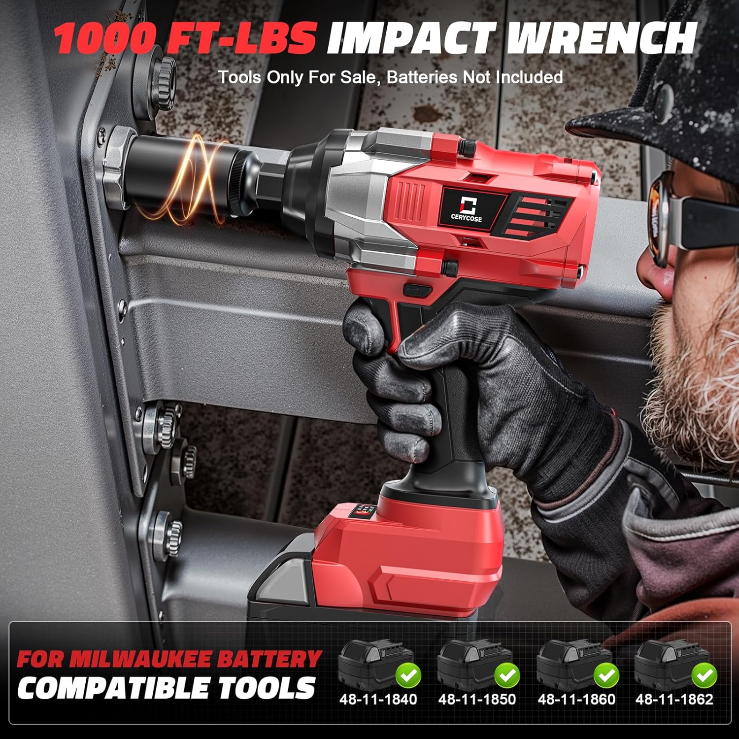 Cordless 1/2" Impact Wrench for Milwaukee 18V Battery, 1000 Ft-lbs High Torque, Brushless, LED Light, Ergonomic Design (Bare Tool)