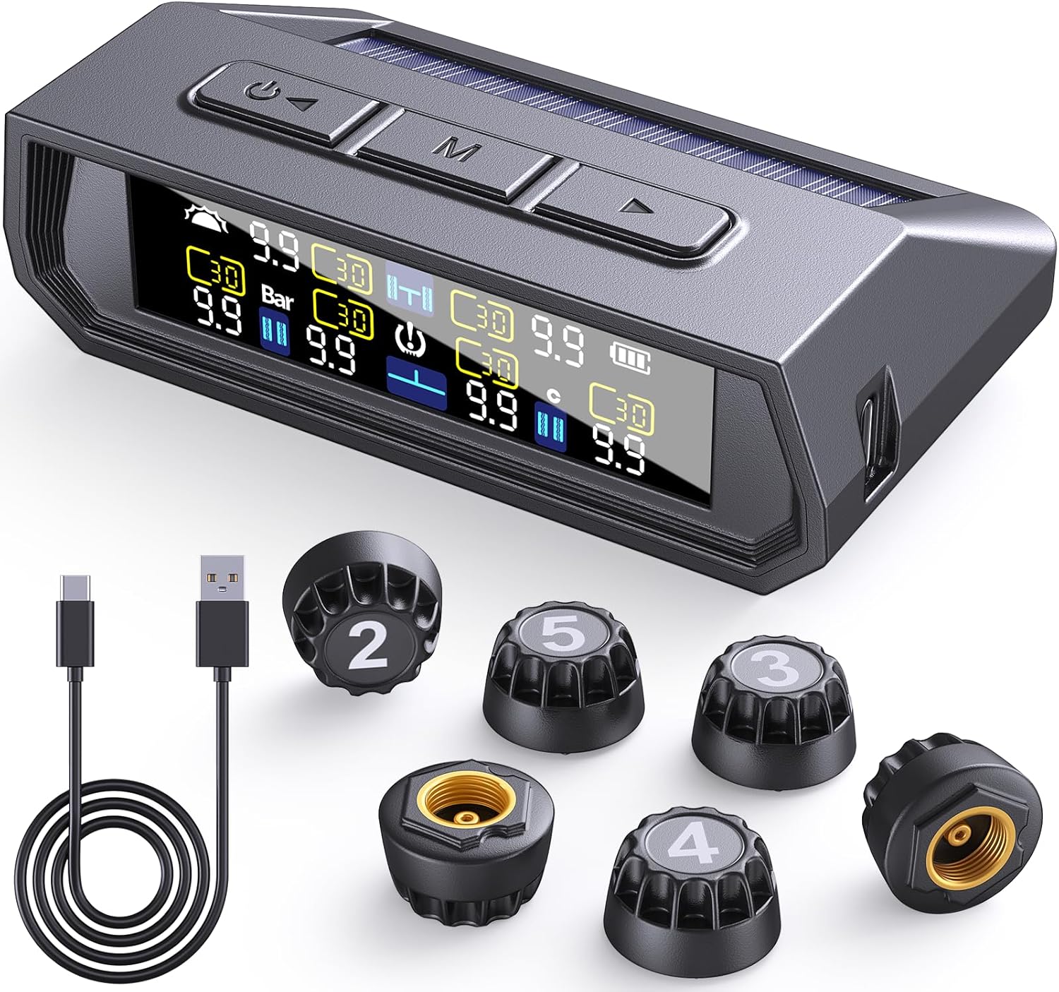 6-Sensor TPMS Tire Pressure Monitoring System with Solar & USB Charging, HD LCD Display, Real-Time 6-Mode Alarms, IP67 Waterproof, Universal Fit for Cars, SUVs, Trucks, and RVs