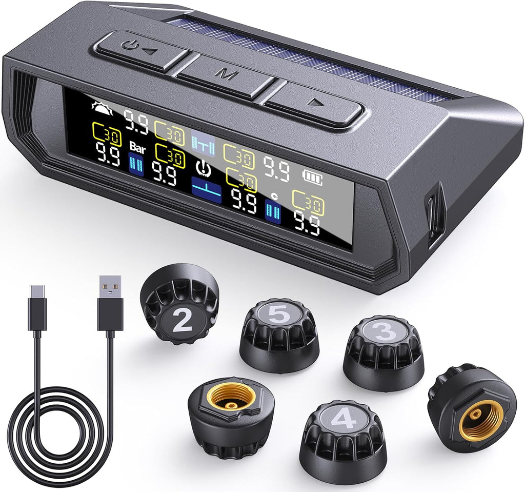 6-Sensor TPMS Tire Pressure Monitoring System with Solar & USB Charging, HD LCD Display, Real-Time 6-Mode Alarms, IP67 Waterproof, Universal Fit for Cars, SUVs, Trucks, and RVs